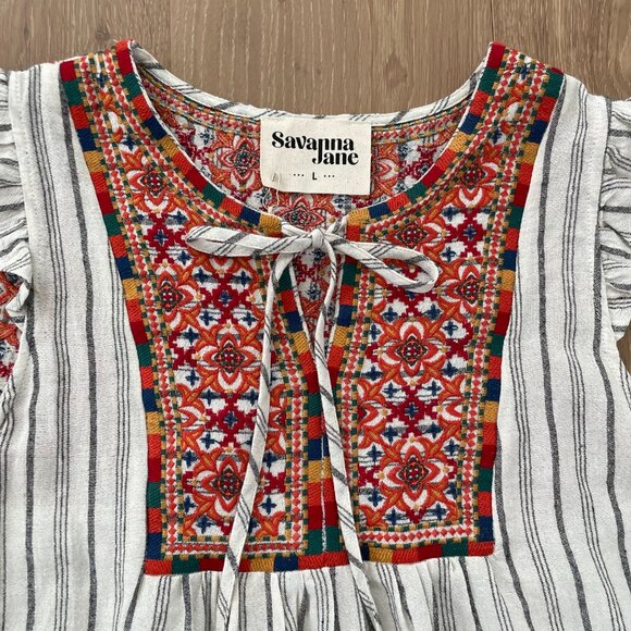 Savanna Jane Blouse Shirt Women Large Embroidered Linen Blend Tassel 16631 - Picture 9 of 13